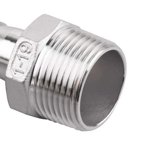 Close-up of 304 Stainless Steel Three Quarters Inch Hose Barb To One Inch NPT Male Pipe Fittings Set Of 2 For Home Brew