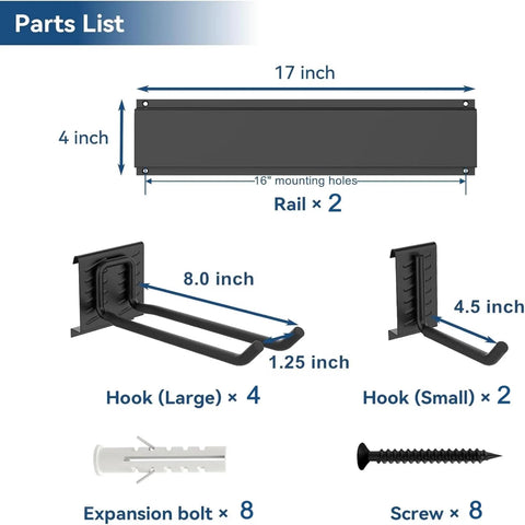 Diagram of Heavy Duty Wall Mount Ski Rack For Garage Adjustable Steel Rail Holds Four Pairs Of Skis parts list and dimensions.