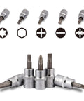 Heavy Duty 126 Piece Socket Wrench Set with screwdriver bits and symbols showing various tip types for home auto projects