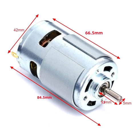 Plug And Play 775 Dc Motor Ball Bearing Build Wide Voltage Range Supporting Twelve Through Sixty Volts Twin Speed Settings Maxing Out At Twenty K Rpm, showing dimensions of a durable silver metal motor.