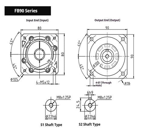Detailed technical drawing of FB90 High Precision Helical Gear Planetary Reducer for Servo and Stepper Motors.