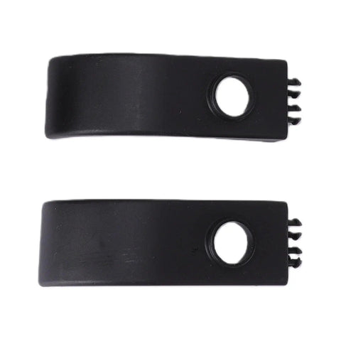 Two black plastic clips with a hole and grip design for fastening or securing items, ideal for various projects.