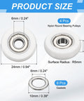 Built Tough Six Millimeter Nylon Ball Bearing Pulley Rollers 4 Pack With Double Sealed Bearings And Eight Stainless Steel Washers showing dimensions and details.