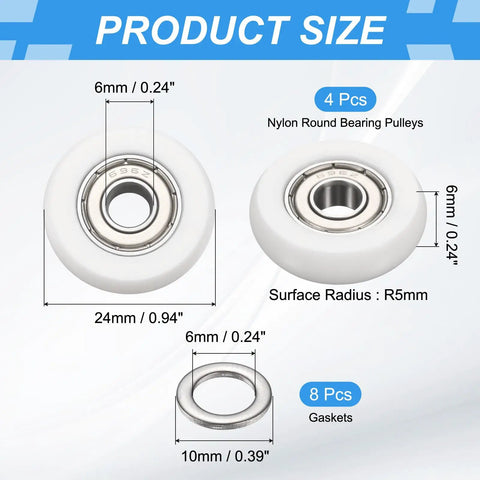 Built Tough Six Millimeter Nylon Ball Bearing Pulley Rollers 4 Pack With Double Sealed Bearings And Eight Stainless Steel Washers showing dimensions and details.