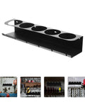 Heavy Duty Wall Mounted Spray Can Storage Rack And Metal Power Tool Organizer, black steel with four circular slots.