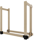 Heavy Duty Firewood Log Storage Brackets Set With Adjustable Length For Indoor And Outdoor Fireplace Wood Holder Rust Proof Powder Coated Steel DIY Kit With Screws showing upright frame structure with wooden beams.