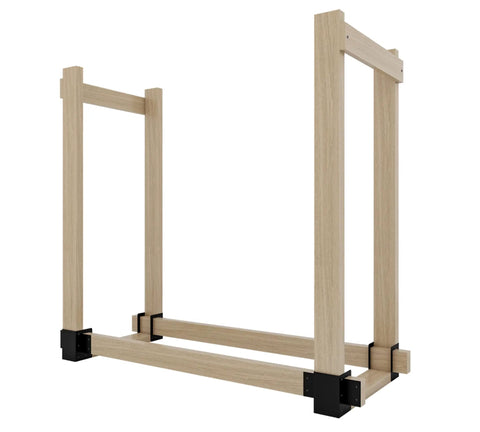 Heavy Duty Firewood Log Storage Brackets Set With Adjustable Length For Indoor And Outdoor Fireplace Wood Holder Rust Proof Powder Coated Steel DIY Kit With Screws showing upright frame structure with wooden beams.