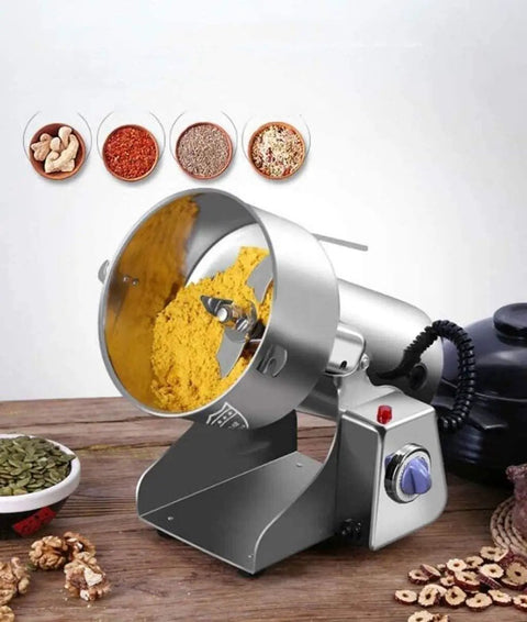 Electric Grain Mill Grinder For Home Use And Small Biz Multigrain Dry Milling Machine with ground spices visible, stainless steel design