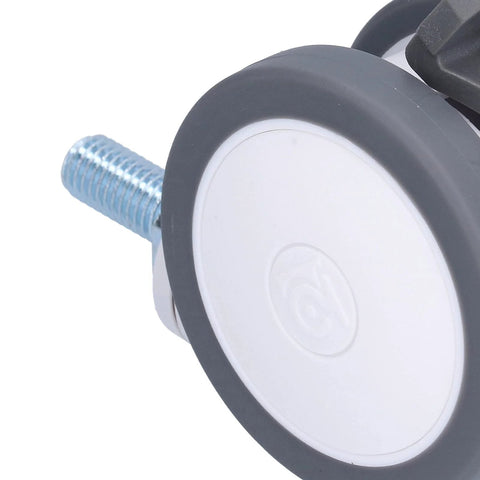 Close-up of a desk chair wheel with M12 threaded stem, medical rubber TPR, focusing on noiseless swivel caster design for smooth gliding.