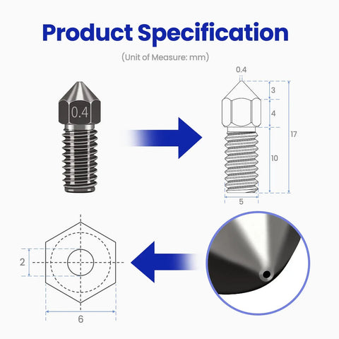 Built Tough Hardened Steel 3D Printer Nozzles 0.4mm specifications showing dimensions and inlet hole details for precise upgrades.