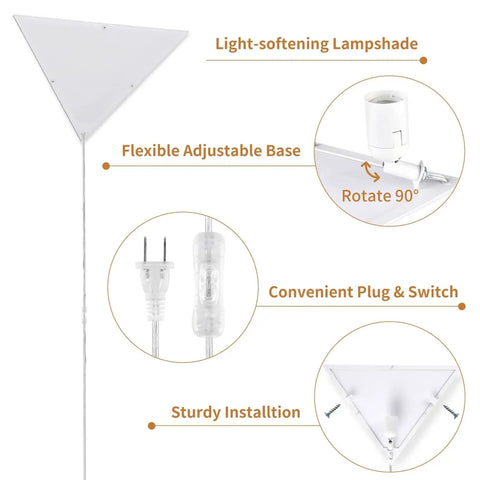 Triangle Corner Light With Switch, Plug In Ceiling Lamp For Dark Corners, Space Saving White Acrylic 2 Pack showing features