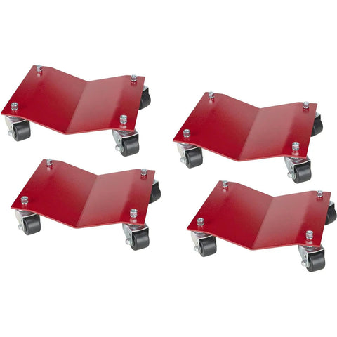 Ultra Slick Auto Dollies For Moving Vehicles with heavy duty casters, red steel frame, ideal for cars and trucks.