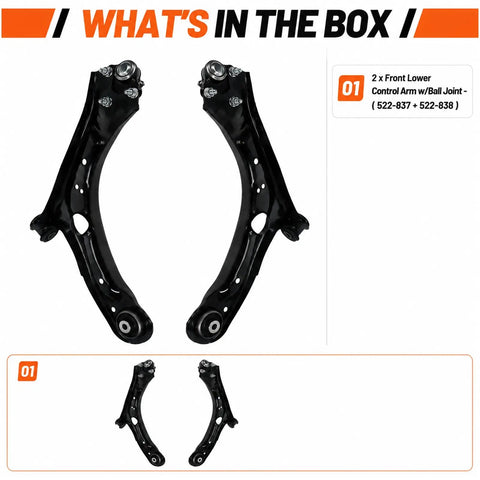 Built Tough Front Lower Control Arms With Ball Joints 2 Pack Suspension Kit For 2012 2019 Volkswagen Beetle And 2022 Passat showing two black steel arms with ball joints.