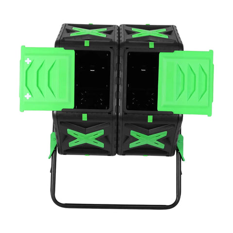 Dual Chamber Compost Tumbler For Outdoors, 2 Independent 70L Bins With No Fuss Setup, green and black compost chambers visible