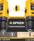 Rock Solid 20V Cordless Impact Drill Kit Featuring Knockout Power And Variable Speed Settings showing dual speed settings 0-1500 RPM and 0-400 RPM.