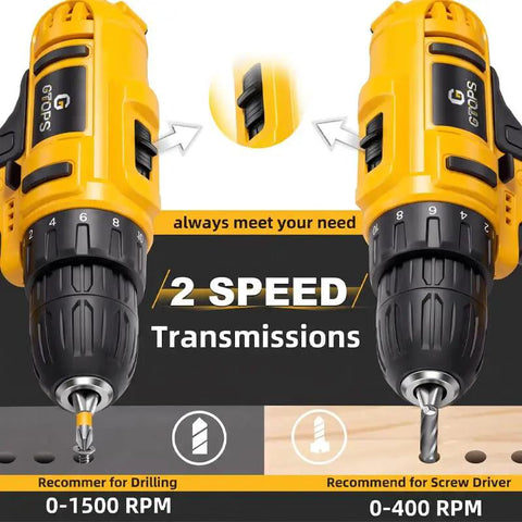 Rock Solid 20V Cordless Impact Drill Kit Featuring Knockout Power And Variable Speed Settings showing dual speed settings 0-1500 RPM and 0-400 RPM.
