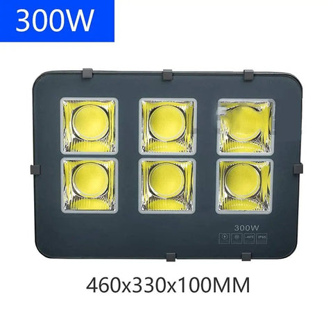 Tough As Nails Outdoor LED Floodlight Heavy Duty Rechargeable Work Lamp With Explosion Proof Aluminum Body And Crackin Bright Light For Roofs Patios And Driveways showing six bright yellow LEDs in a durable black frame