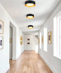 Modern Black And Gold Flush Mount Ceiling Light With Glass Drum Shade Close To Ceiling Round Fixture For Bedroom Living Room Dining Room Hallways And Bathroom Minimalist Style installed in bright hallway.