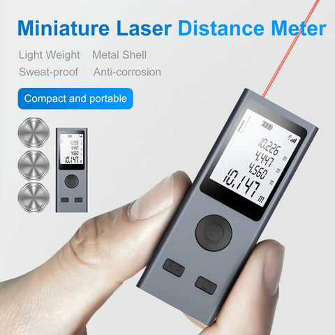 Pocket Size Laser Distance Meter 164 Ft Range USB Rechargeable Pythagorean Mode held in hand displaying measurements.