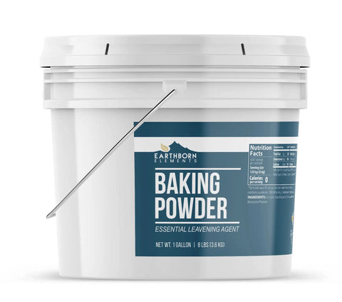 Double Acting Baking Powder In A Resealable Bucket For Cookies Cakes Muffins Biscuits And Pancakes The All Purpose Leavening Agent That Reacts To Heat With Corn Starch And Sodium Bicarbonate One Gallon displayed on a white bucket