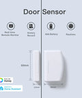 Image of Zigbee Contact Sensor 4 Pack for door and window monitoring in smart home setup, showing two white sensor pieces with dimensions.
