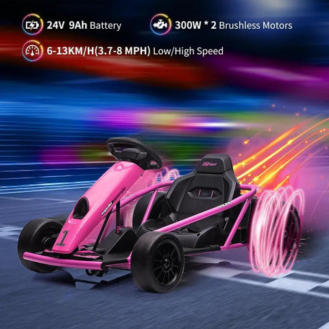 Heavy Duty Electric Go Kart For Kids 8 To 14, 24V Ride On Racing Toy with dual 300W motors, rugged PE body, pink design