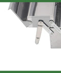 Close-up of Dang Tough Stainless Steel Tool Box With Rubberized Carry Handle 18 Inch showing slide-out tray and latch mechanism.