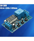 Dc 12V Time Delay Relay Module With Led Display Digital Timer For Automation And Plc Control Plug And Play Zero Point One Sec To Nine Hundred Ninety Nine Min Adjustable Anti Interference Isolation Input Output Industrial Grade on blue background