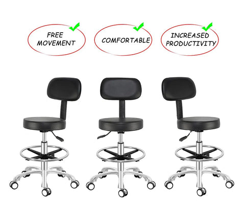Rolling Stool With Back Support, Hydraulic Height Adjustable, three grey chairs without foot ring, wheels, ergonomic office, salon design.