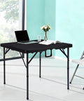 34 Inch Folding Card Table Square with Detachable Legs, Dual Height Adjustable, set up indoors with laptop and book on top.