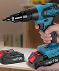 Straight Up Heavy Duty Cordless Rivet Nut Gun Set With Automatic Setup And M3 To M12 Mandrels And A Badass 2200 Mah Battery in hand with battery pack.