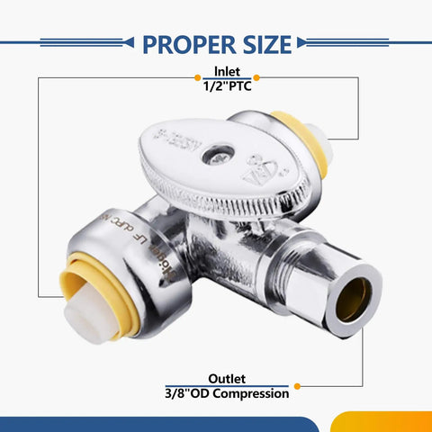 50 Pack Push Fit Tee Stop Valve Set With Quarter Turn Shut Off, Half Inch Push To Half Inch Push And Three Eighth Inch OD Compression Valves With Disconnect Clip, Brass Chrome Plated, Corrosion Resistant, Easy Install For Copper PEX CPVC PE-RT, 1/2 PTC inlet 3/8 OD outlet