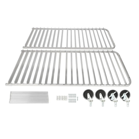 Heavy Duty 20 Tier Bakery Rack Straight Up Solid Aluminum Cooling Cart For Full And Half Sheet Pans Smooth Rolling Commercial Kitchen Trolley parts laid out with two aluminum shelves and caster wheels.