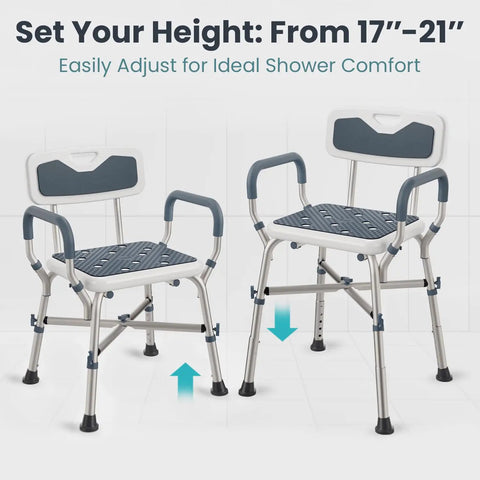Heavy Duty Shower Chair For Elderly And Disabled With Padded Armrests And Back Adjustable Height Bath Seat Built Tough Non Skid Base Solid Grip Zero Worries Everyday Bathroom Safety Blue with adjustable height from 17 to 21 inches.