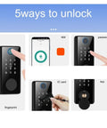 Keyless Entry Smart Deadbolt With Phone App Control And Biometric Fingerprint Entry showcasing five unlocking methods: fingerprint, app, password, IC card, and key.