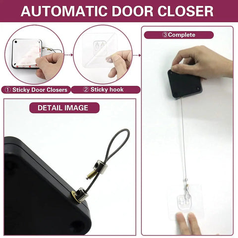 Installation steps for punch-free automatic sensor door closer with drawstring for home and office use.