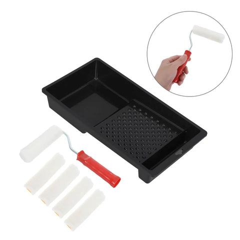 Top Tier Mini Paint Roller And Tray Set For Detail Work And Touch Ups Streak Free Slick Finish includes a black tray and mini rollers.