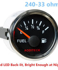 Top Notch Black 240-33 Ohm Marine Fuel Gauge With Bright Backlight For Boat Car Truck And SUV Diesel Gas Ride Sleek Looks Heavy Duty Replacement Smooth Level Meter showing red LED illumination and clear dial.