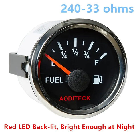 Top Notch Black 240-33 Ohm Marine Fuel Gauge With Bright Backlight For Boat Car Truck And SUV Diesel Gas Ride Sleek Looks Heavy Duty Replacement Smooth Level Meter showing red LED illumination and clear dial.