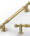 Top Shelf Champagne Bronze Cabinet Pulls With Five Inch Hole Centers Freshen Up Your Kitchen Or Bathroom Setup Includes Ten Hefty Drawer Handles Built Tough For Everyday Hustle And A Slick Coating That Really Steps Up The Vibe - close-up view of two bronze cabinet pulls with detailed ends.