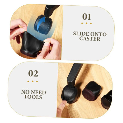 Installation steps: Sliding 25 Pack Salon Chair Caster Cups Wheel Protectors Hella Tough Silicone on caster without tools.