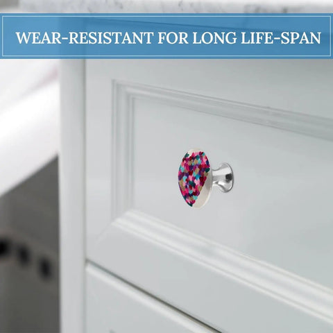 Top Shelf Heart Shaped Crystal Glass Drawer Knobs And Cabinet Pulls, Hand Painted Pink Purple Red Decor on white cabinet.