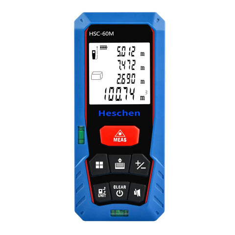 Boss Laser Distance Meter Measures 60m For Fast Jobs Without Stress. Blue device with display for measurements and buttons.