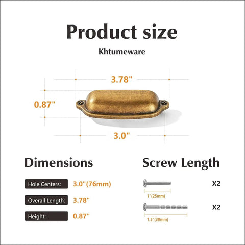 Product size and dimensions of 15 Pack 3 Inch Antique Brass Cup Pulls For Kitchen Drawers Solid Zinc Alloy.