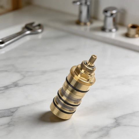 Real Deal 130156 Shower Valve Cartridge Replacement Featuring Heavy Duty 3 4 Inch Brass Core displayed on marble surface.