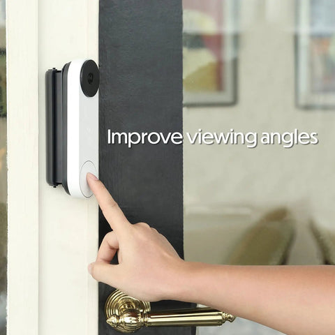 Hand pressing button on Google Nest Doorbell with Horizontal Adjustable Mount for 35-55 degree tilt, not for wired models.