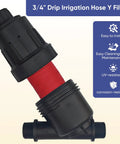 Heavy Duty Three Quarter Inch Inline Hose Filter For Drip Irrigation With 120 Mesh Screen, showing Y filter with red detail.