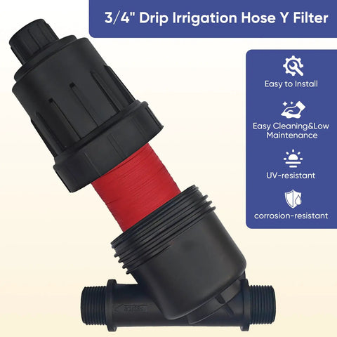 Heavy Duty Three Quarter Inch Inline Hose Filter For Drip Irrigation With 120 Mesh Screen, showing Y filter with red detail.