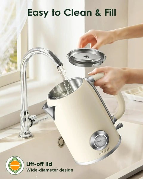 1.8L Electric Kettle With Temperature Gauge, 1500W Fast Boil, 304 Stainless Steel Retro Style Hot Water Kettle With Lit LED Light, Auto Shut Off And Boil Dry Protection shown being filled with water