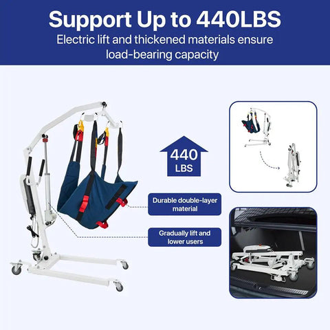 Rock Solid Folding Electric Patient Transfer Lift 440 Lbs Capacity with durable double-layer material and adjustable base.